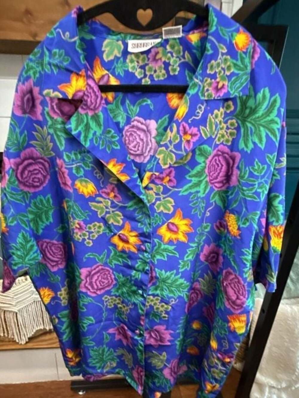 Vintage Suburbans Royal Blue Floral Print Short Sleeve Button-Up Shirt